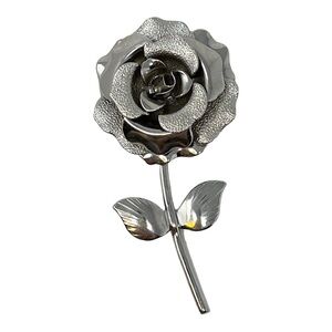 Vintage Silver Tone Rose Brooch, Retro Long Steam